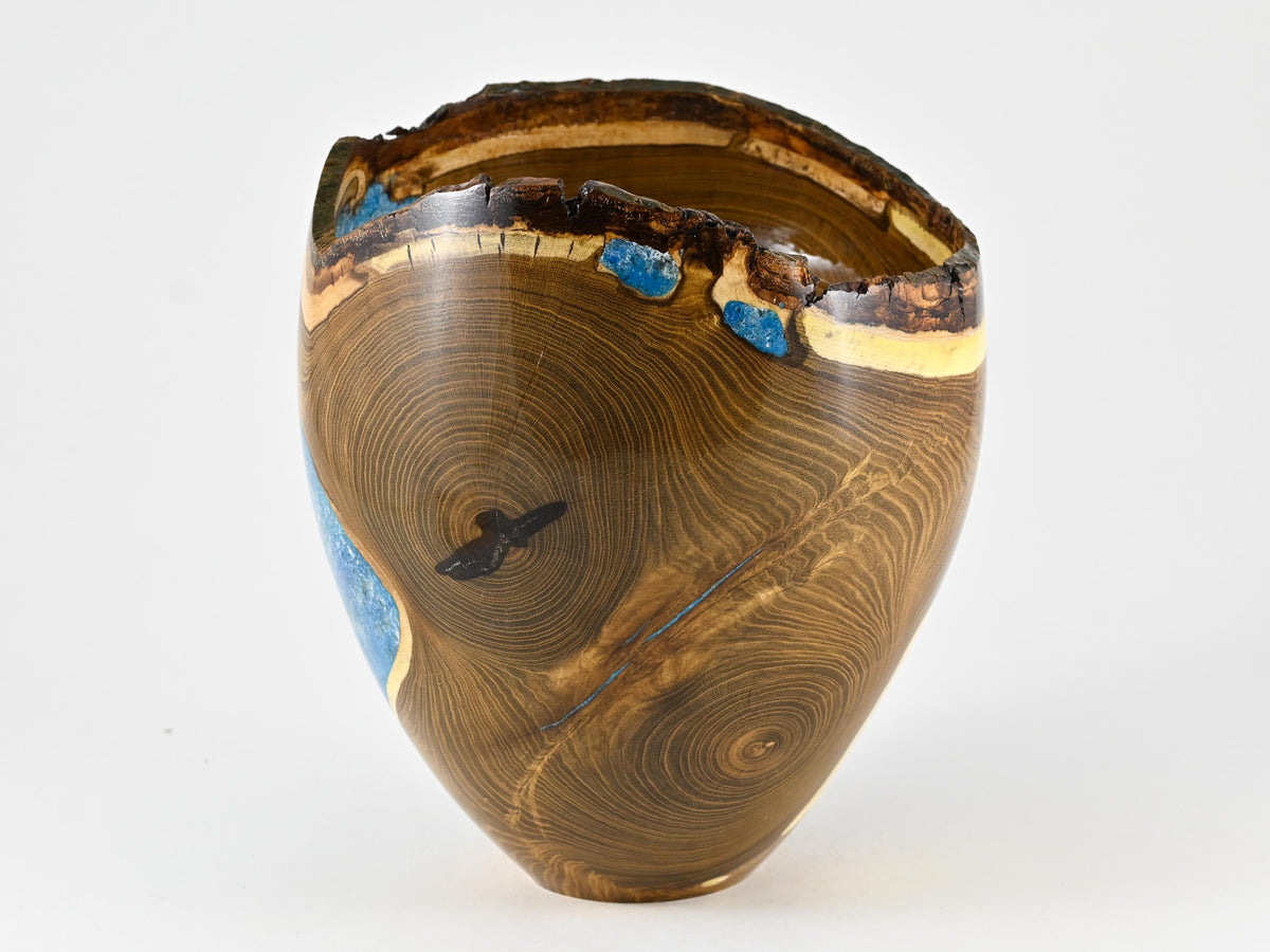 Handmade Laburnum Cremation Urn, Blue Mineral Inlay (270 c.i.)