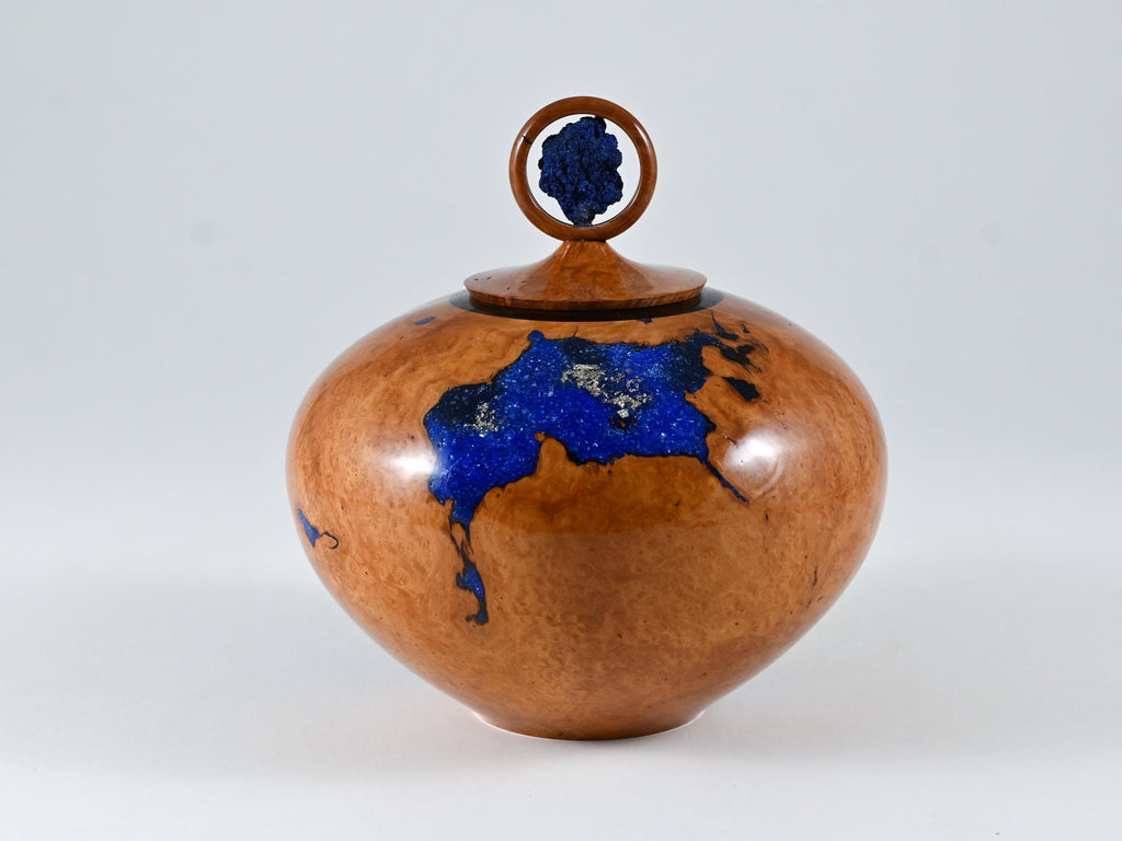 Small Handmade Briar Burl Wood Urn: Blue Mineral & gold Inlay, Azurite lid (75 c.i.)