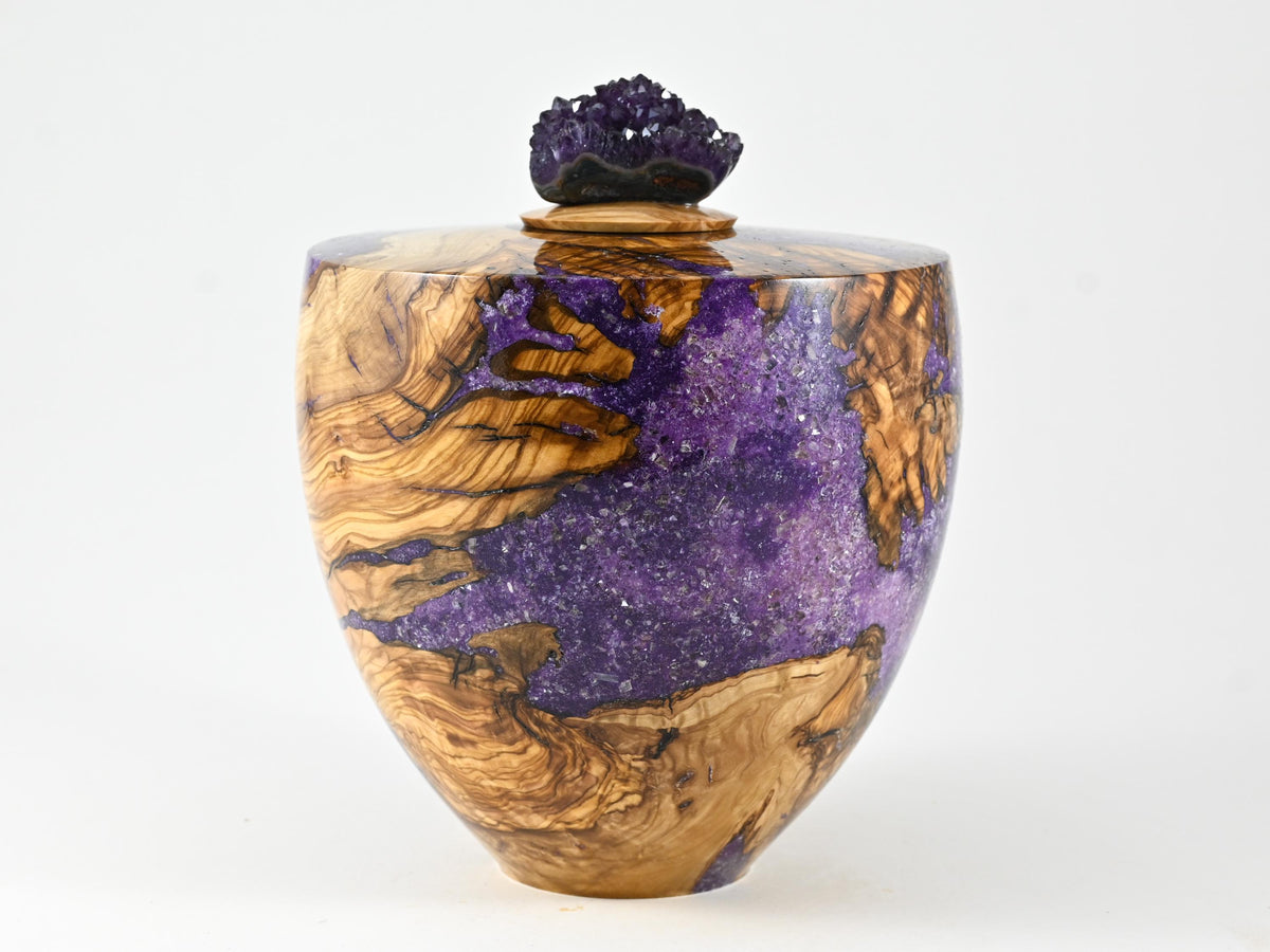 Handmade Olive Wood Urn, Purple Mineral Inlay, Amethyst Lid (210 c.i.)