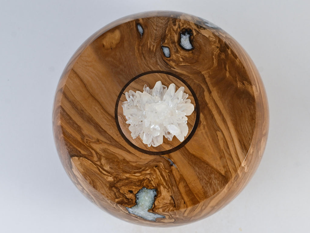 Handmade Ash Wood Urn, Calcite inlay, Calcite cluster lid (165 c.i)