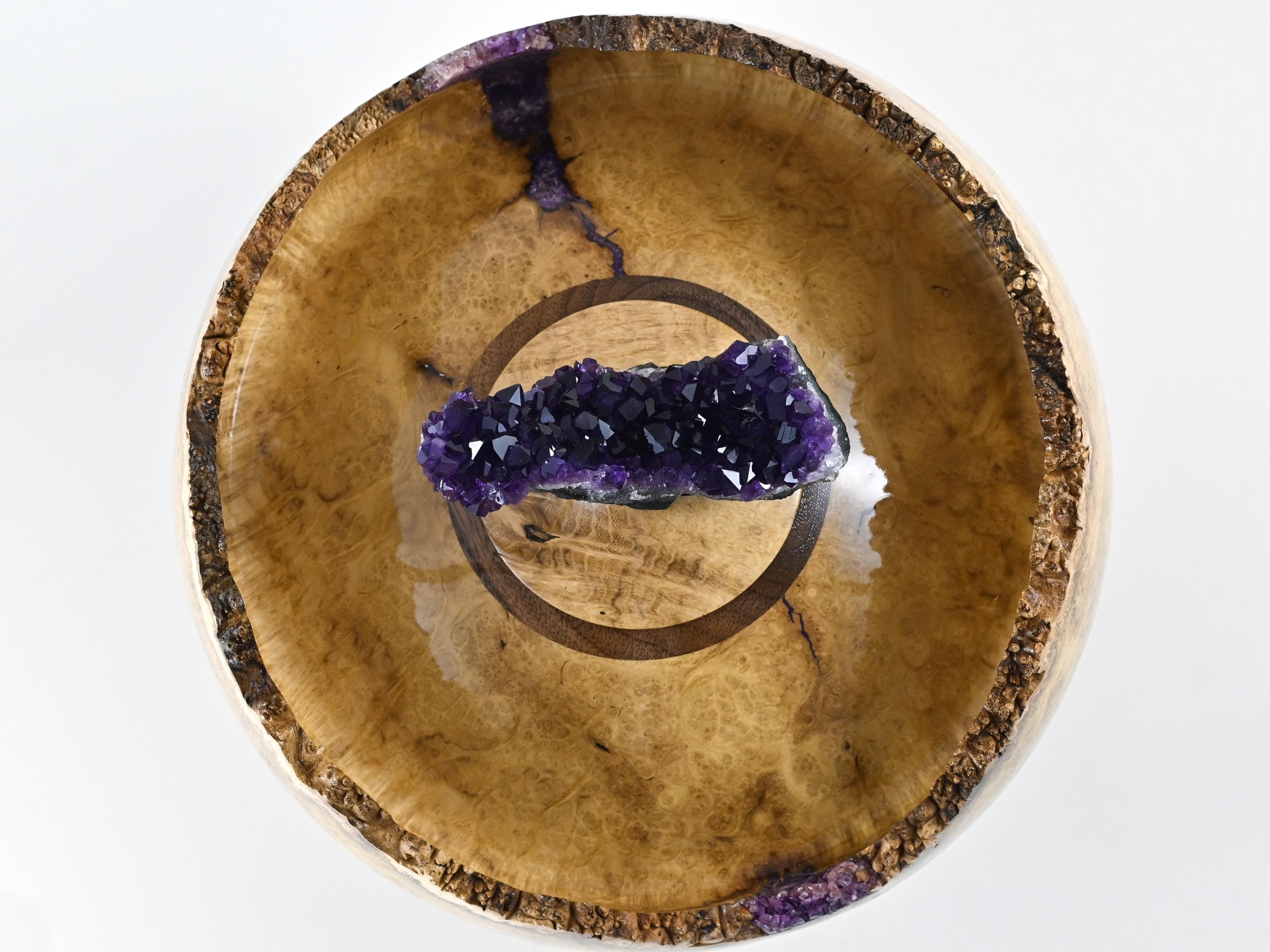 Handmade Black Locust Burl Wood Companion Urn, Purple Mineral Inlay, Amethyst Lid (400 c.i.)