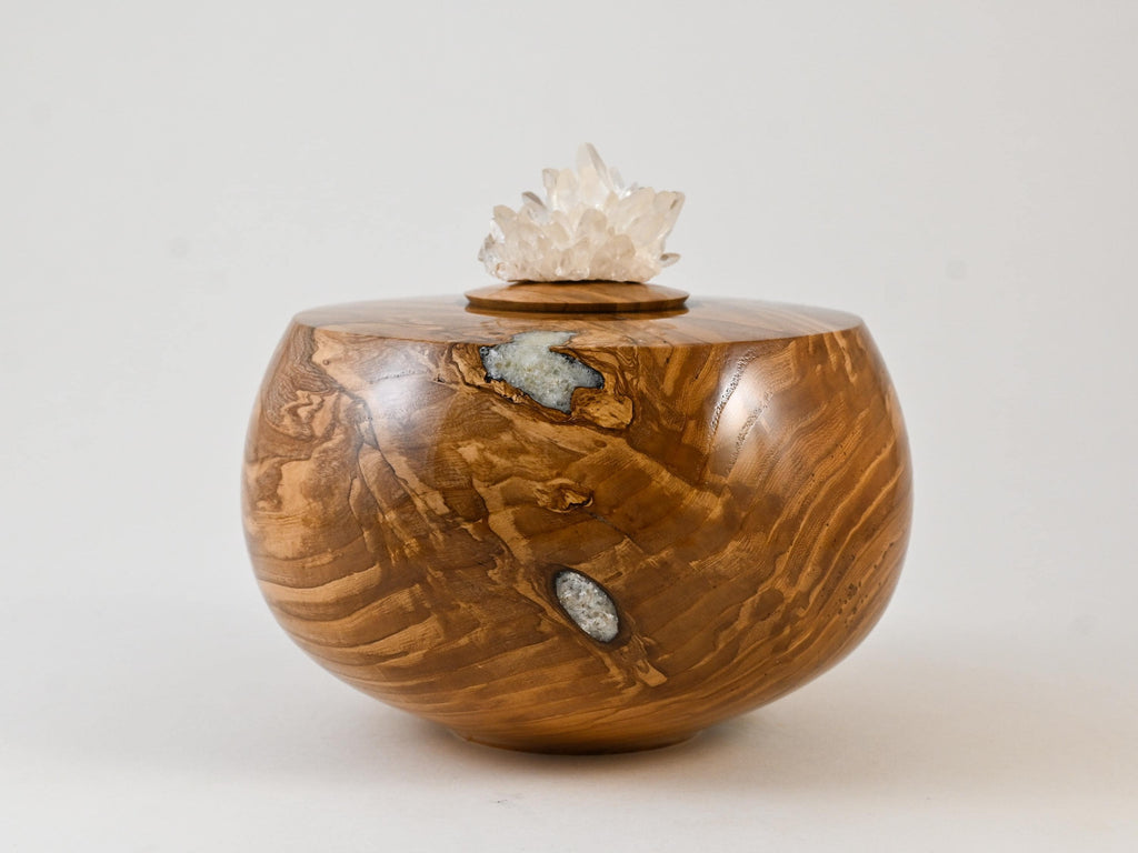 Handmade Ash Wood Urn, Calcite inlay, Calcite cluster lid (165 c.i)