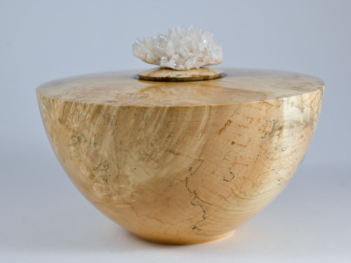 Handmade Boxelder Burl Wood Urn, Calcite inlay, Calcite cluster lid (240 c.i.)