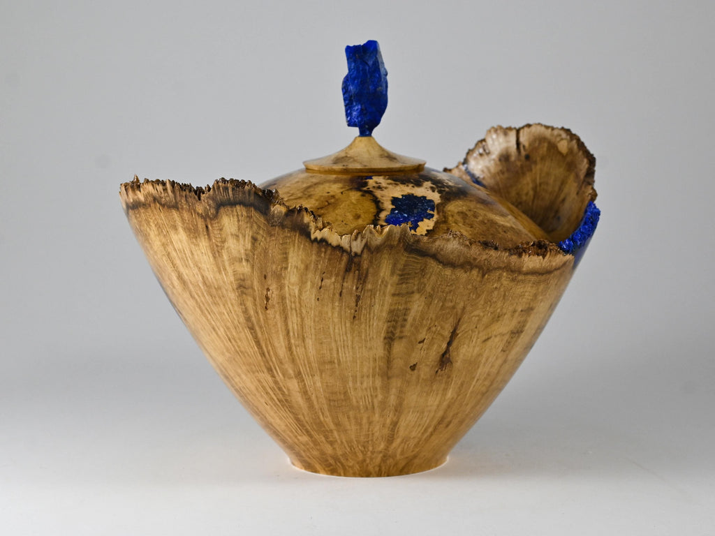 Handmade Black Locust Burl Urn: Lapis Lazuli lid, Blue Minerals & Gold Inlay (215 c.i.)