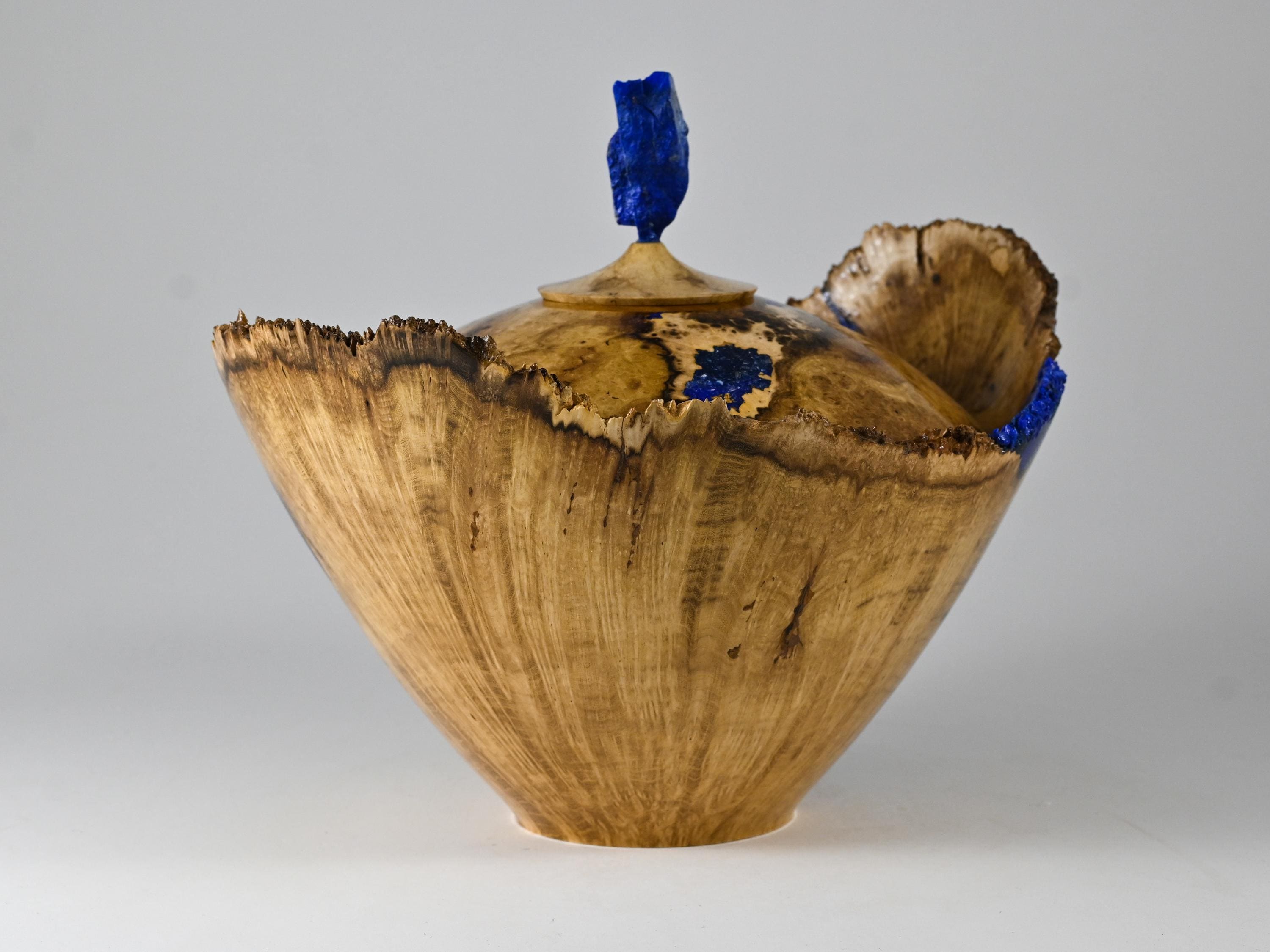 Handmade Black Locust Burl Urn: Lapis Lazuli lid, Blue Minerals & Gold Inlay (215 c.i.)