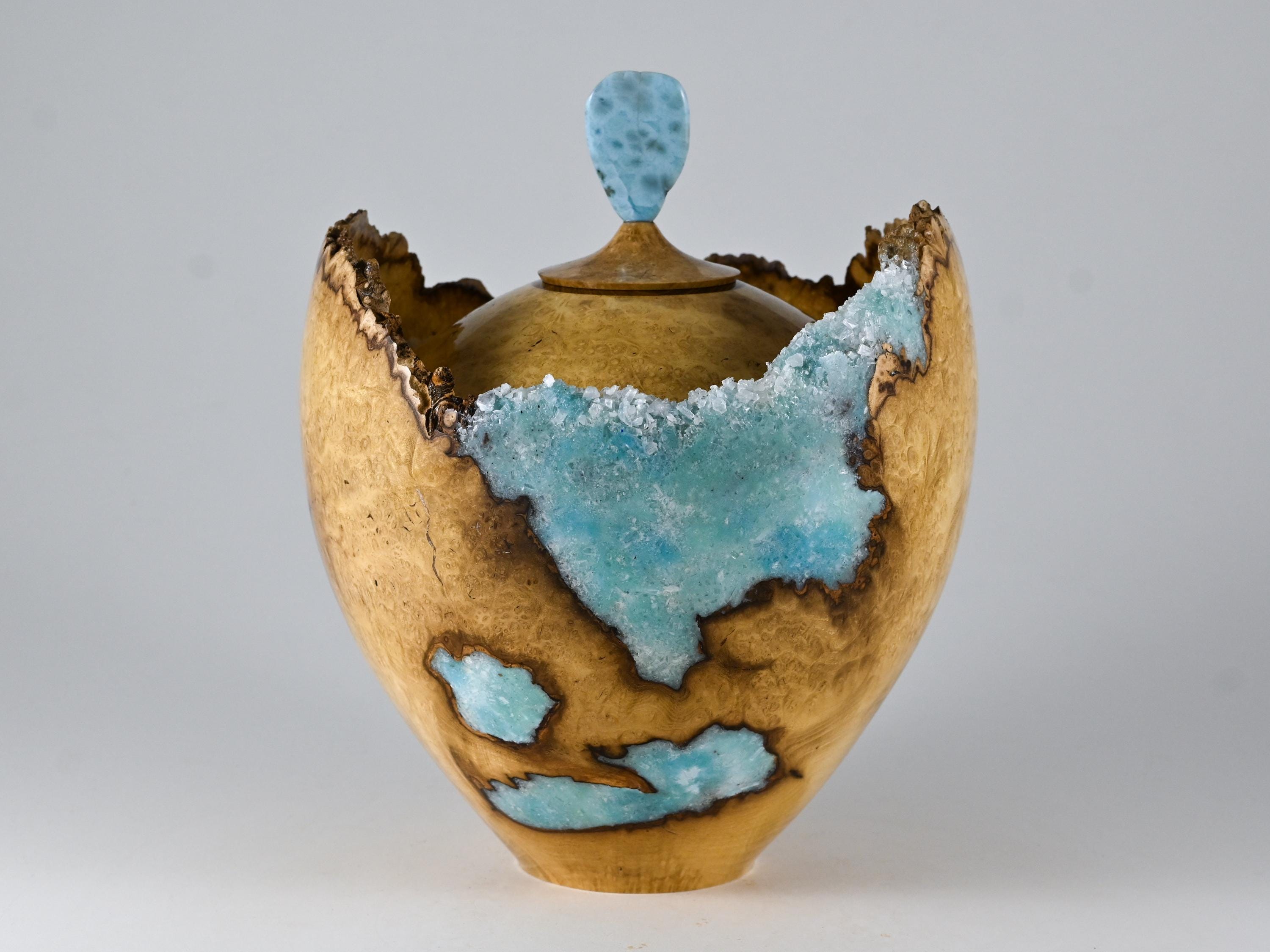 Handmade Black Locust Burl Urn: Larimar lid, mineral Inlay (215 c.i.)