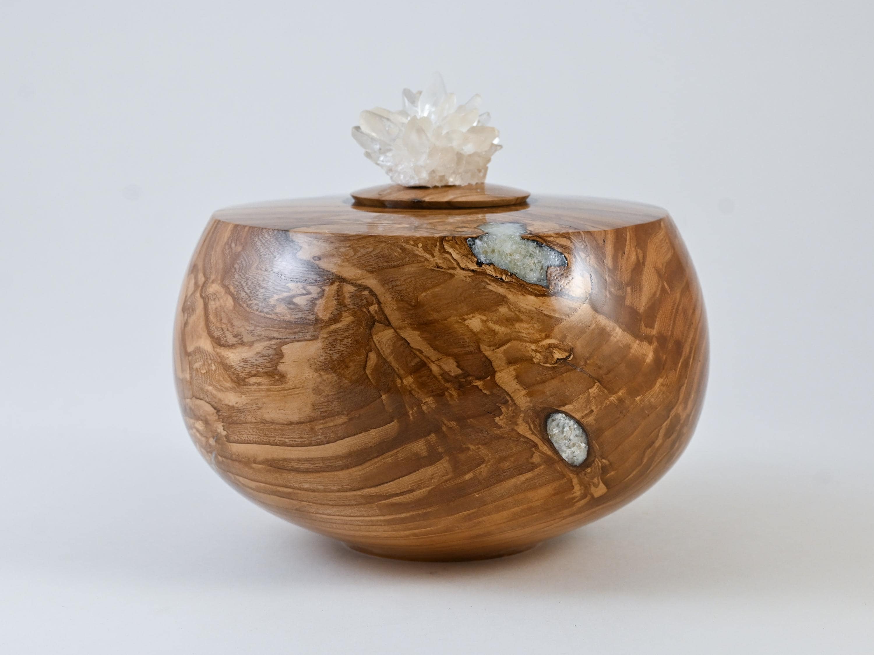 Handmade Ash Wood Urn, Calcite inlay, Calcite cluster lid (165 c.i)