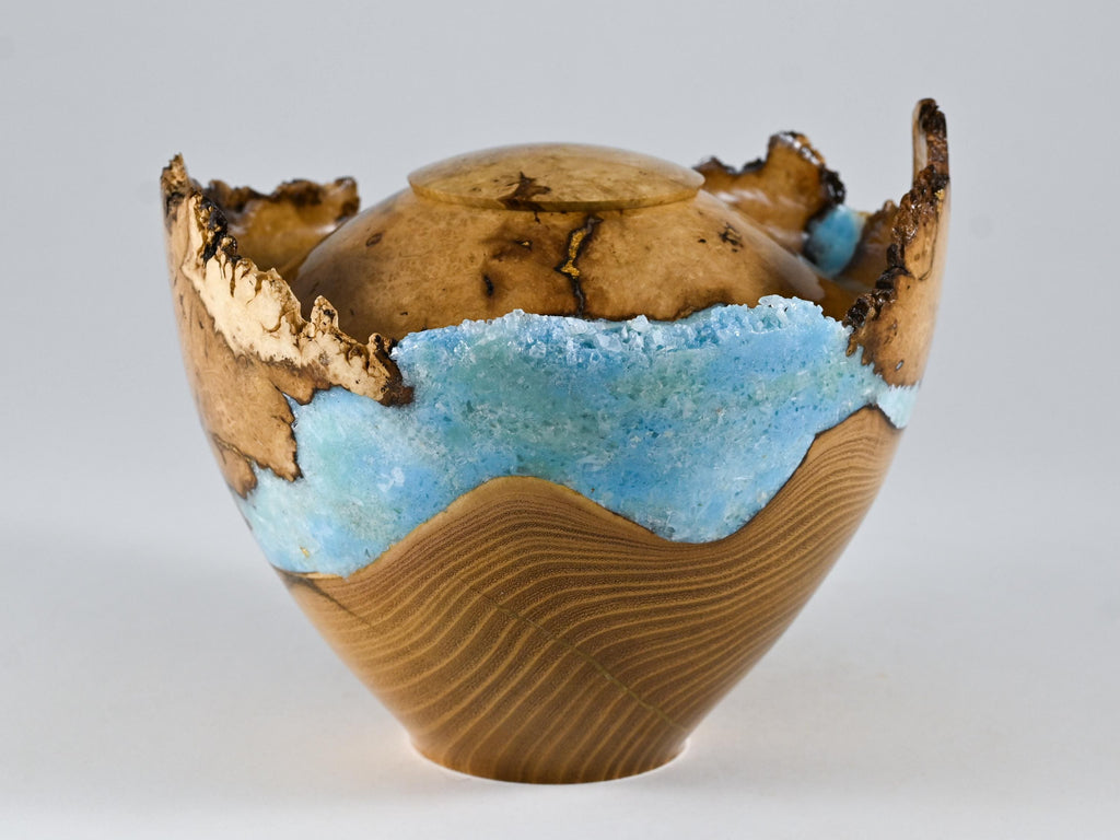 Handmade Black Locust Burl Wood Urn, light blue mineral and gold inlay (90 c.i.)