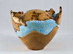 Handmade Black Locust Burl Wood Urn, light blue mineral and gold inlay (90 c.i.)