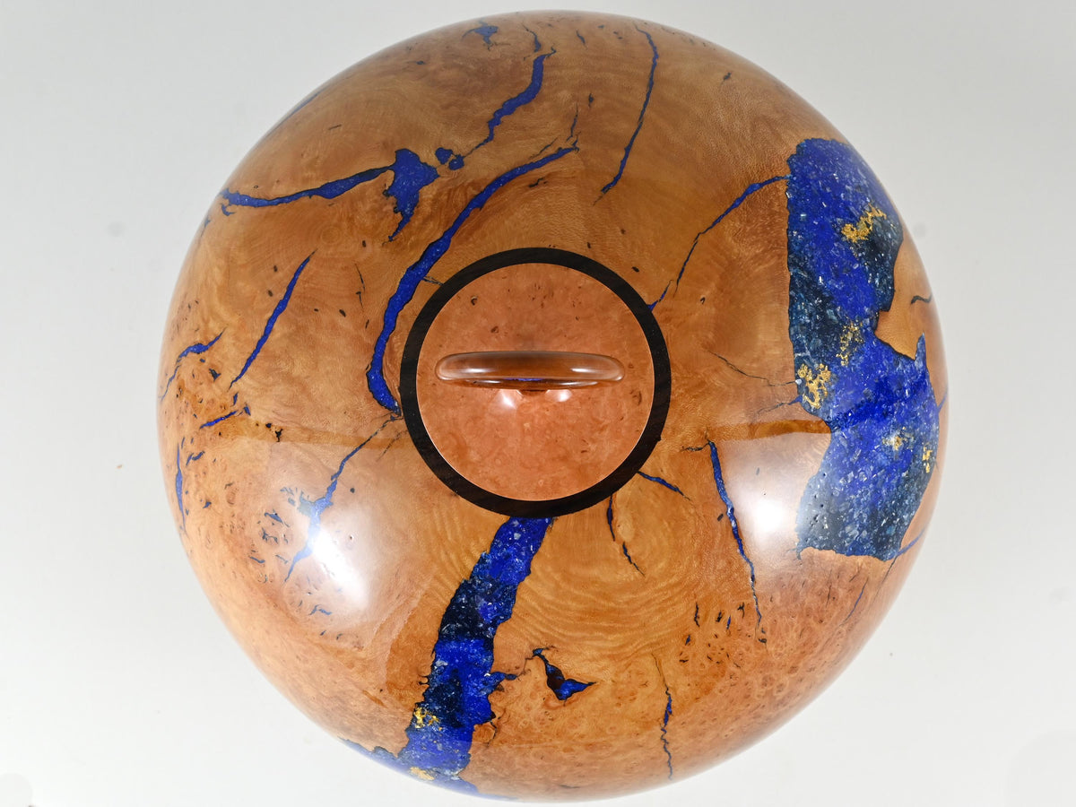 XL Handmade Briar Burl Wood Urn: Blue Mineral & gold Inlay, Azurite lid (330 c.i.)