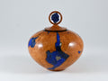 Small Handmade Briar Burl Wood Urn: Blue Mineral & gold Inlay, Azurite lid (75 c.i.)