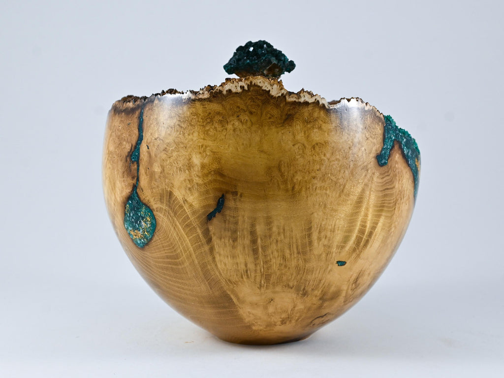 Handmade Black Locust Burl Urn: Dioptase Lid, Green mineral Inlay (240 c.i.)