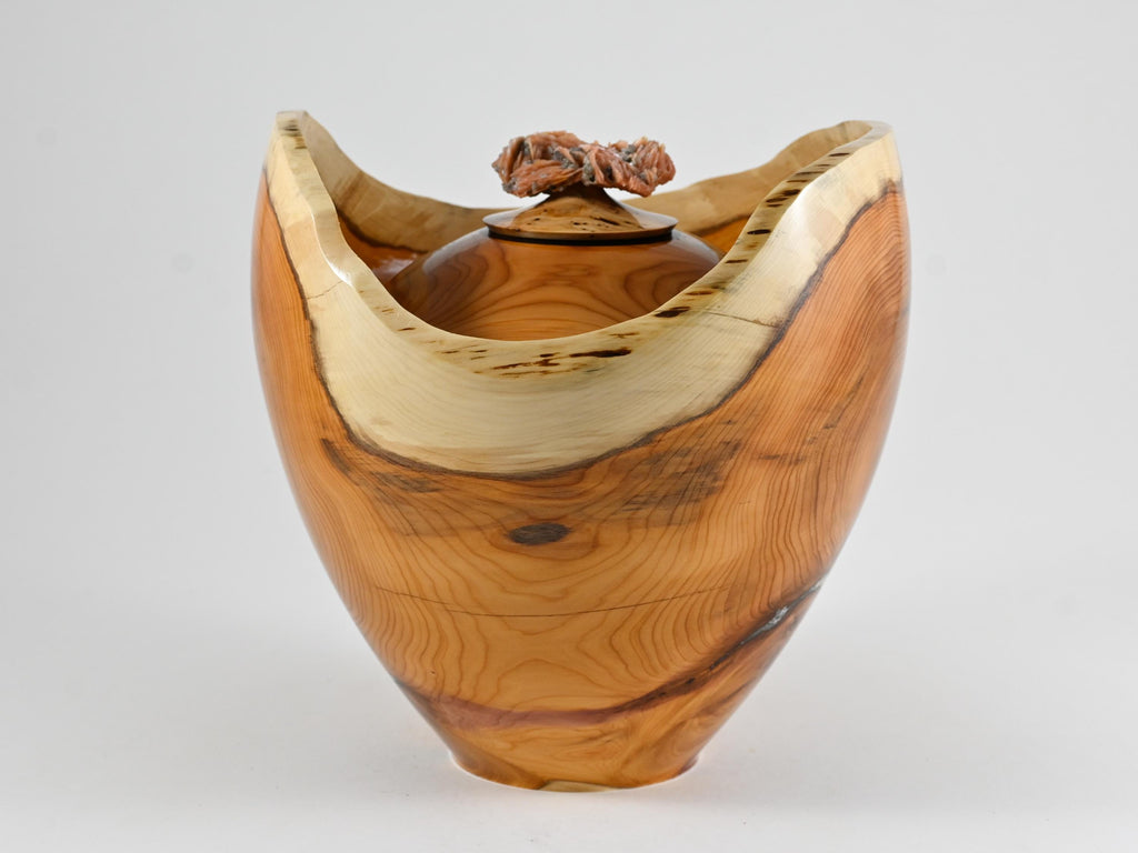 Handmade Yew wood urn, Calcite mineral inlay, Barite lid (230 c.i.)