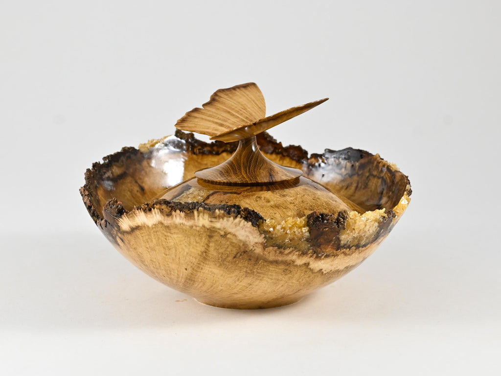 Small Handmade Black Locust Burl wood urn, Calcite inlay, butterfly lid (40 c.i.)