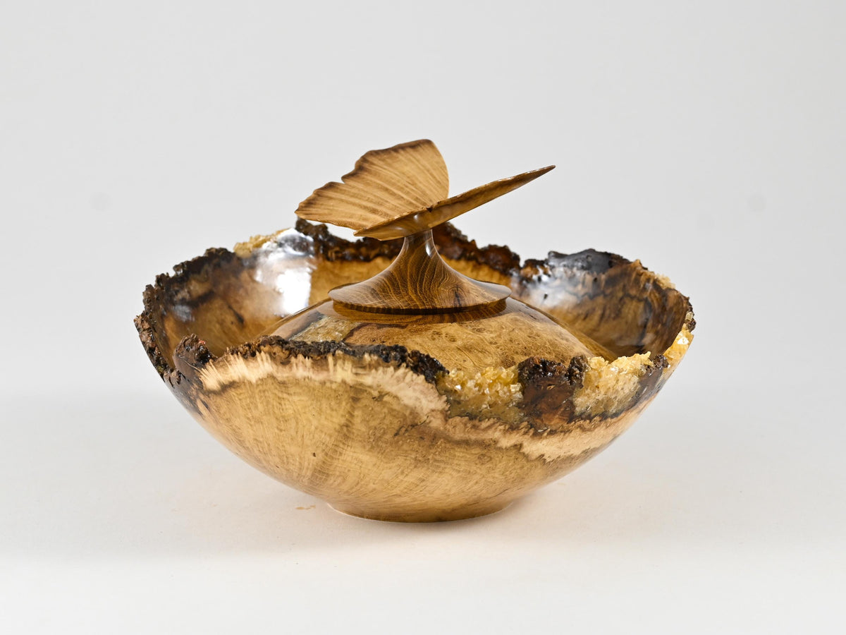 Small Handmade Black Locust Burl wood urn, Calcite inlay, butterfly lid (40 c.i.)