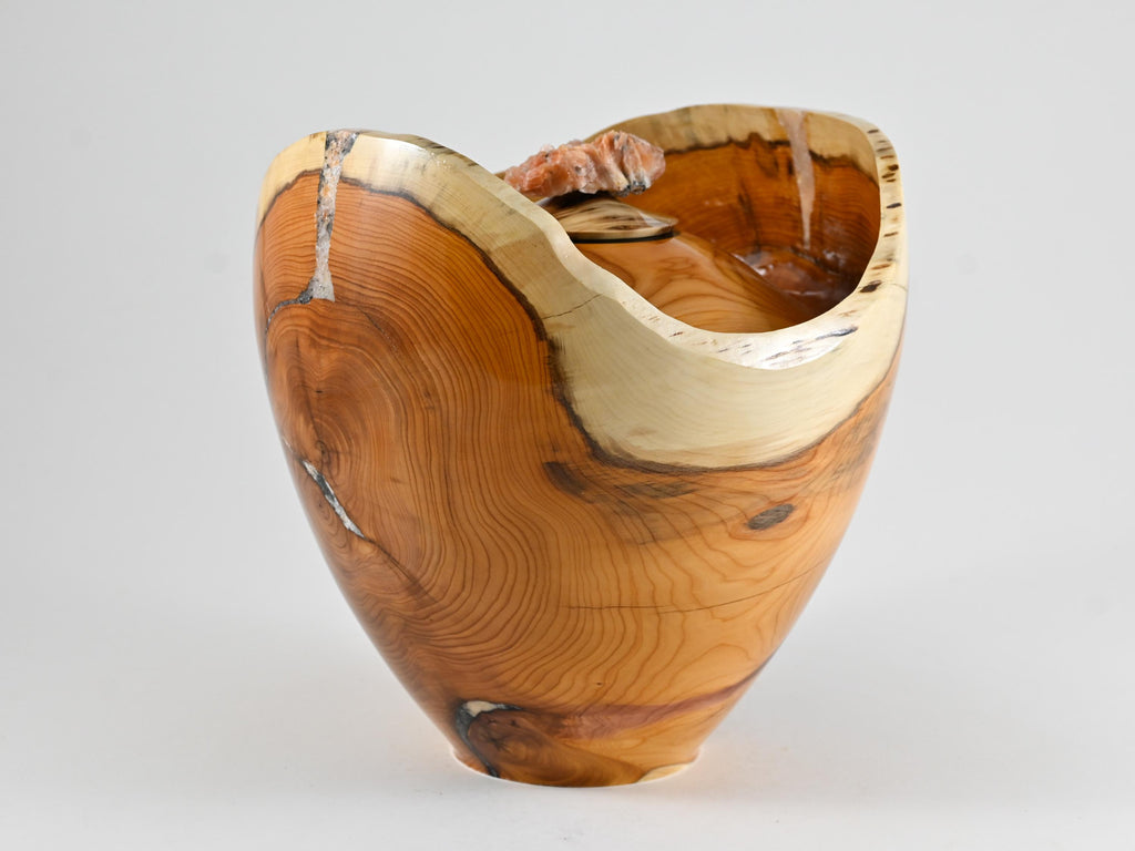 Handmade Yew wood urn, Calcite mineral inlay, Barite lid (230 c.i.)