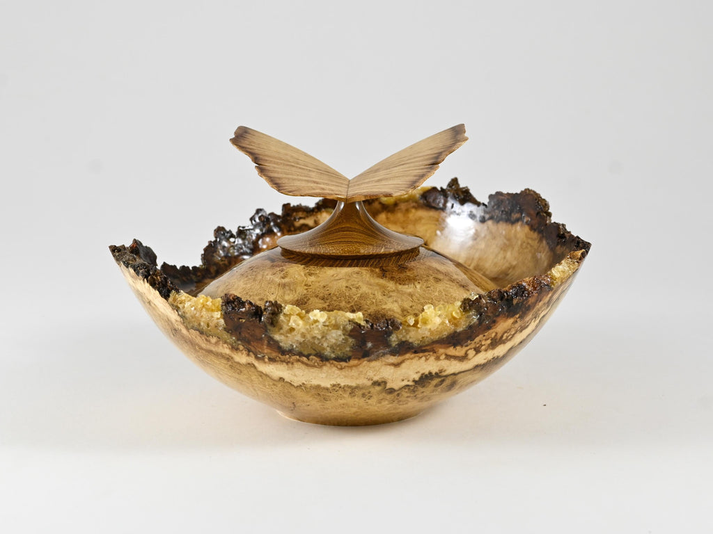 Small Handmade Black Locust Burl wood urn, Calcite inlay, butterfly lid (40 c.i.)