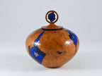 Small Handmade Briar Burl Wood Urn: Blue Mineral & gold Inlay, Azurite lid (75 c.i.)