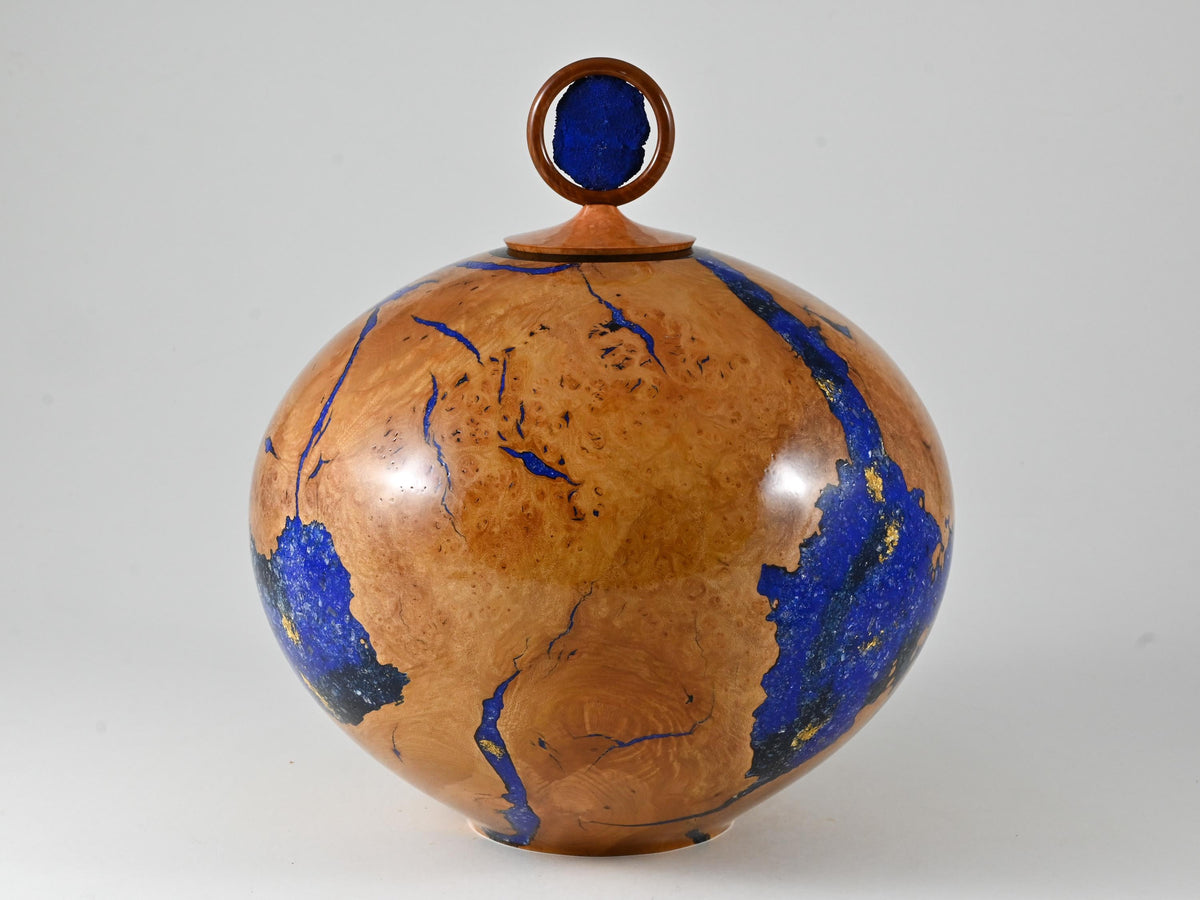 XL Handmade Briar Burl Wood Urn: Blue Mineral & gold Inlay, Azurite lid (330 c.i.)