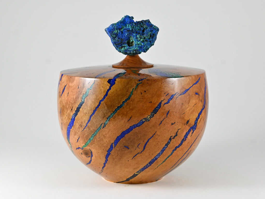 Handmade Briar burl wood urn: mineral & gold inlay, Azurite lid (280 c.i.)