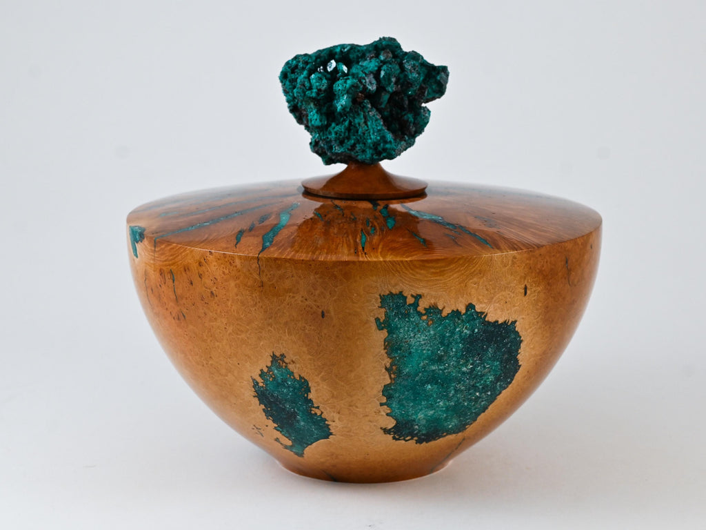 Handmade Briar Burl Urn, Green mineral Inlay, Dioptase lid (240 c.i.)