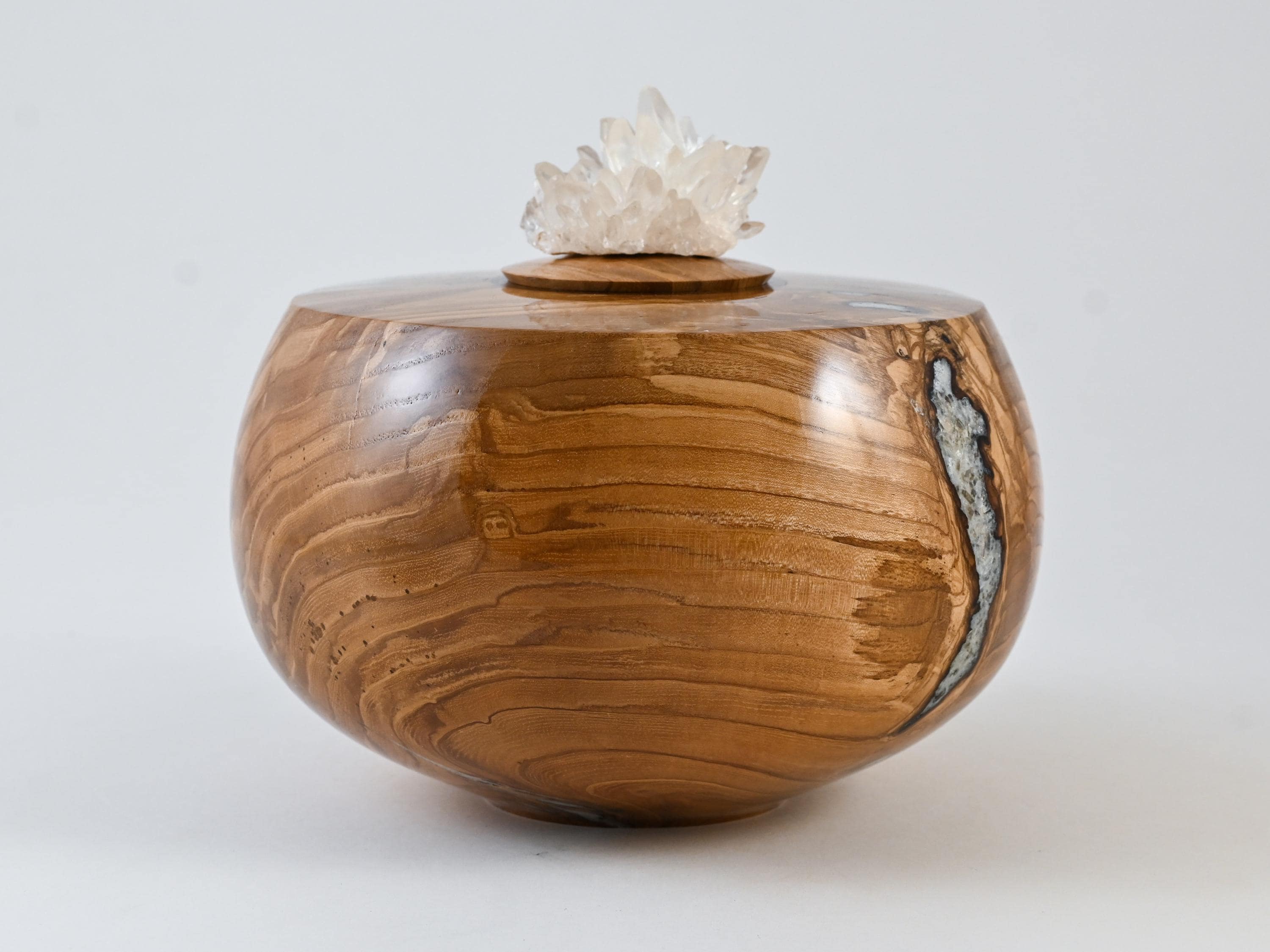Handmade Ash Wood Urn, Calcite inlay, Calcite cluster lid (165 c.i)