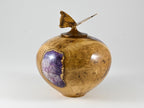 Handmade Black Locust Burl Wood Urn: Purple Mineral inlay, Butterfly Lid (135 c.i.)