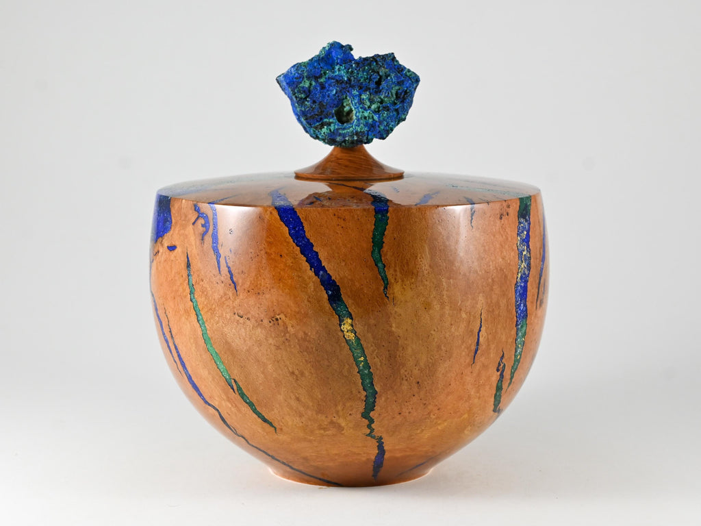Handmade Briar burl wood urn: mineral & gold inlay, Azurite lid (280 c.i.)