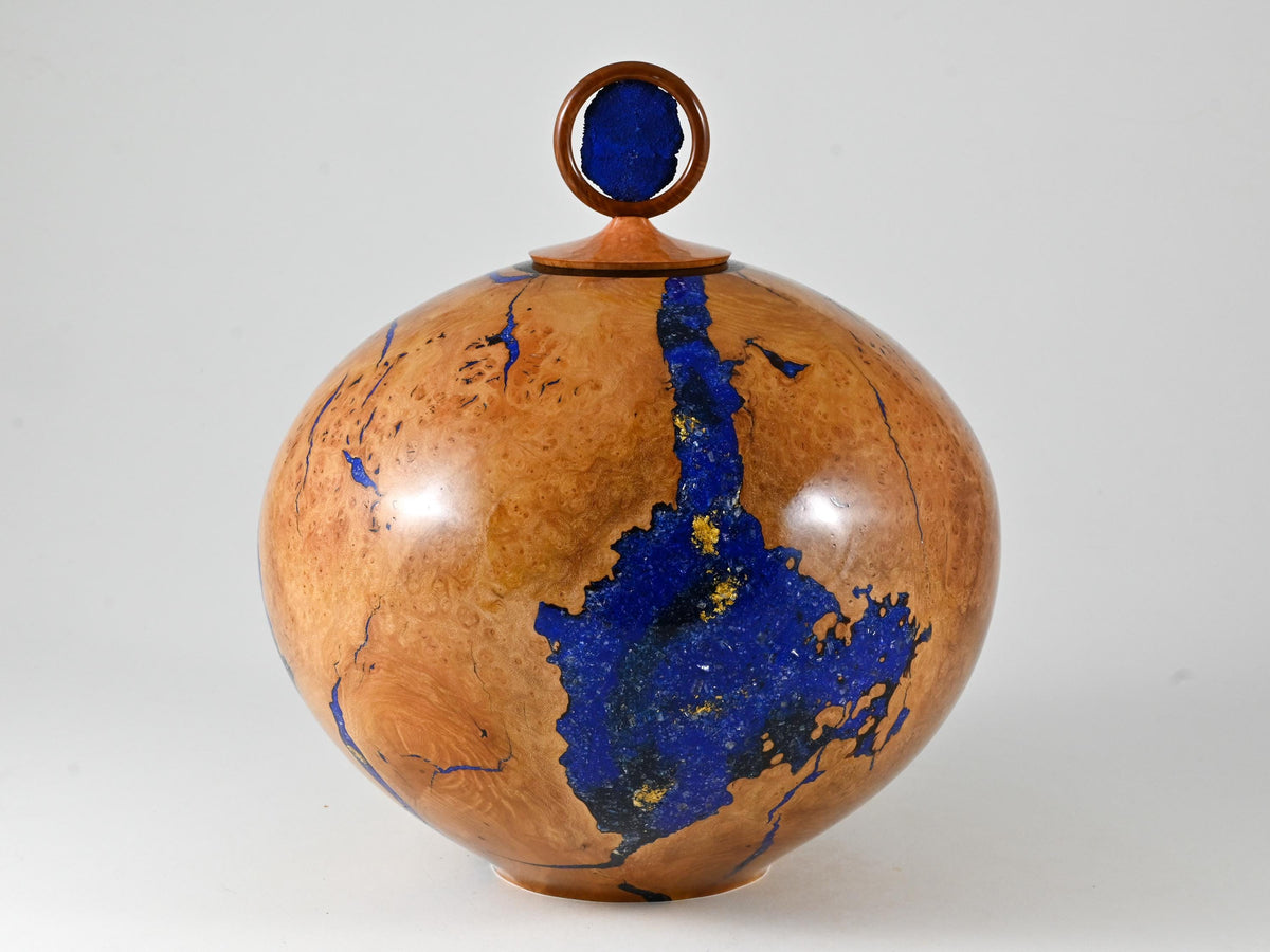 XL Handmade Briar Burl Wood Urn: Blue Mineral & gold Inlay, Azurite lid (330 c.i.)