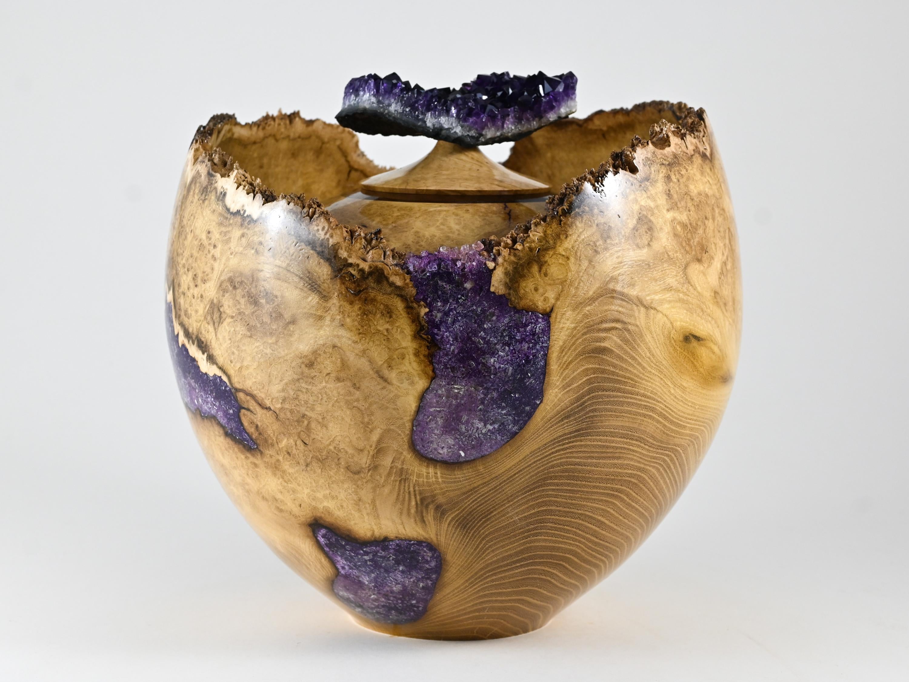 Handmade Black Locust Burl Wood Companion Urn, Purple Mineral Inlay, Amethyst Lid (400 c.i.)