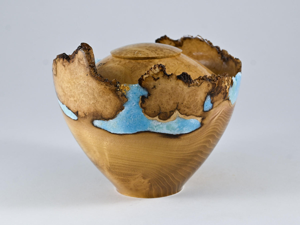 Handmade Black Locust Burl Wood Urn, light blue mineral and gold inlay (90 c.i.)