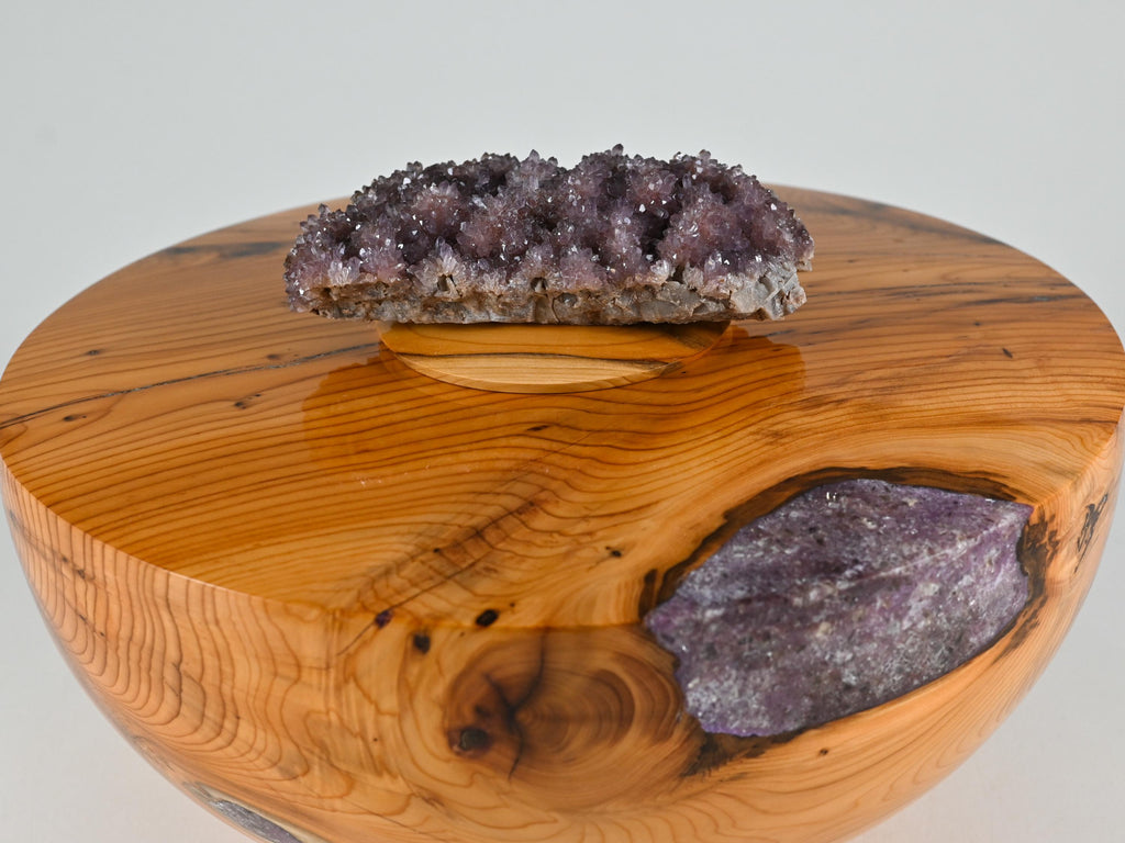 Handmade Yew wood urn, Purple mineral inlay, Amethyst lid (230 c.i.)