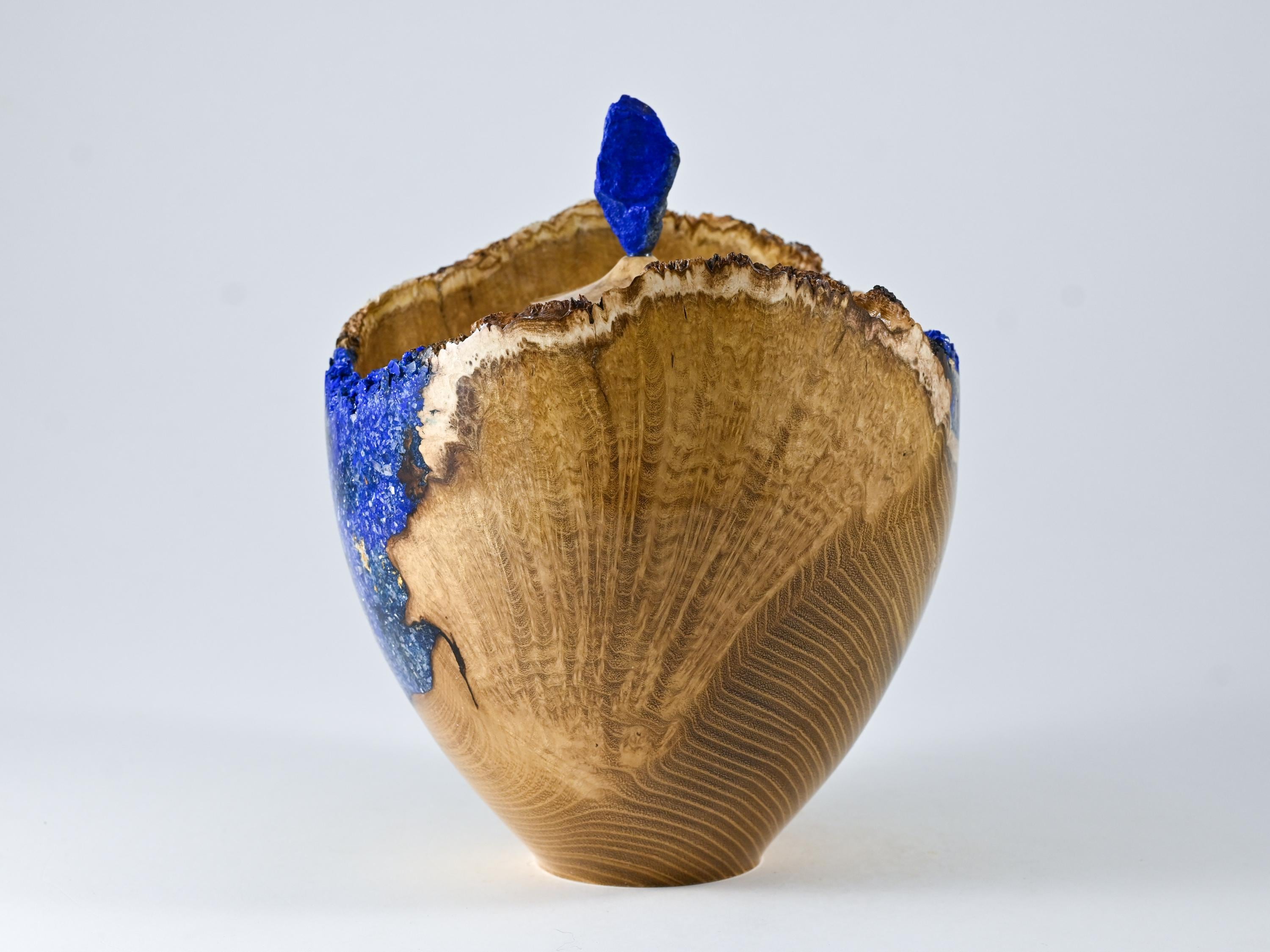 Handmade Black Locust Burl Urn: Lapis Lazuli lid, Blue Minerals & Gold Inlay (140 c.i.)