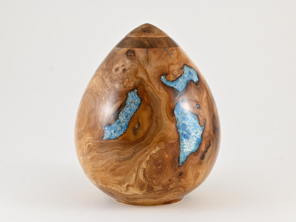 Handmade Siccamore Wood Urn, Light Blue Mineral Inlay (200 c.i.)