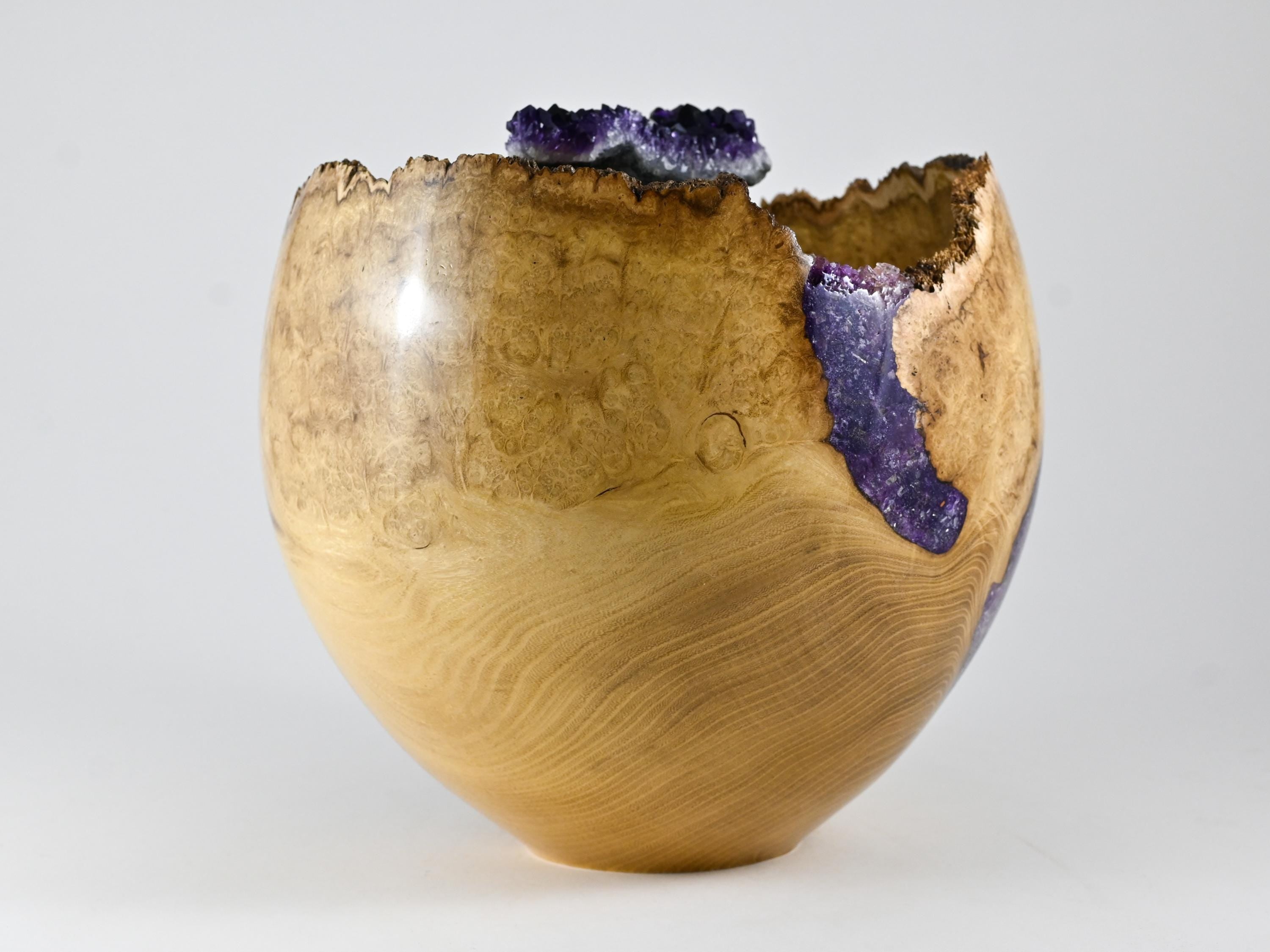Handmade Black Locust Burl Wood Companion Urn, Purple Mineral Inlay, Amethyst Lid (400 c.i.)