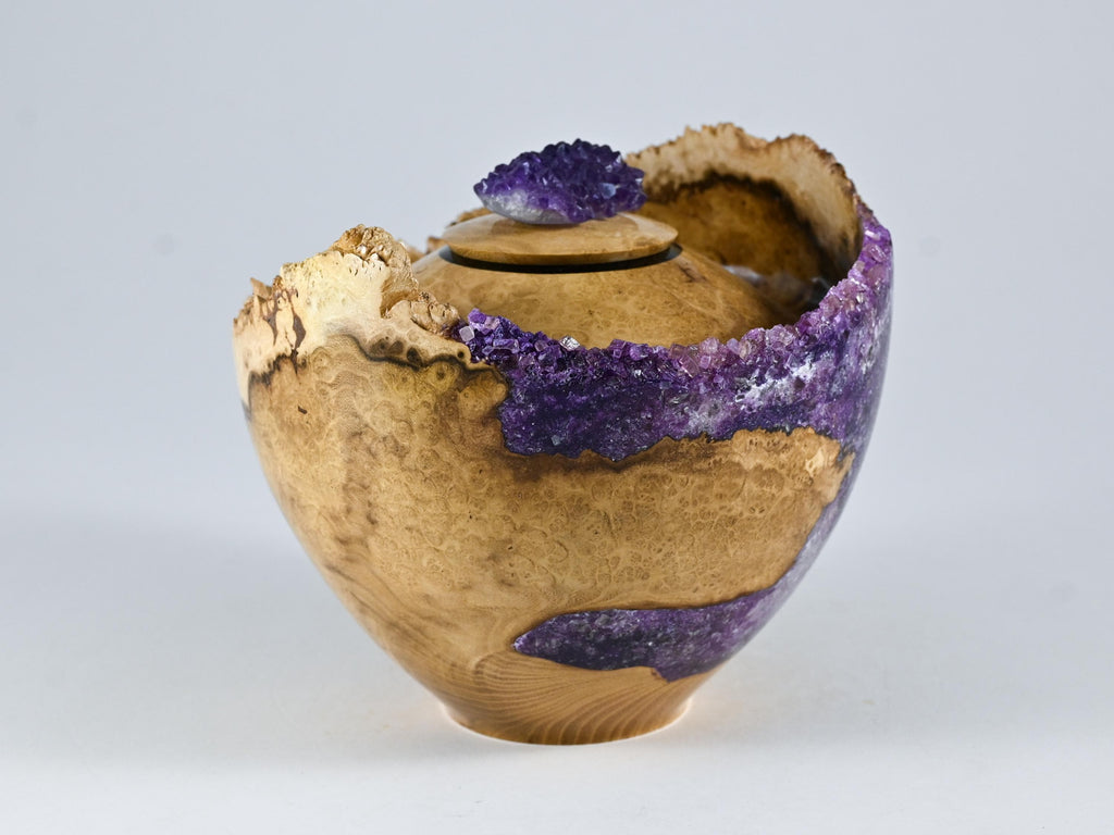 Small Handmade Black Locust Burl Wood Urn, Purple Mineral Inlay, Amethyst Lid (75 c.i.)