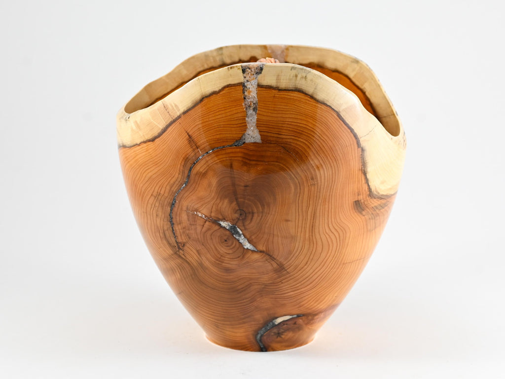 Handmade Yew wood urn, Calcite mineral inlay, Barite lid (230 c.i.)