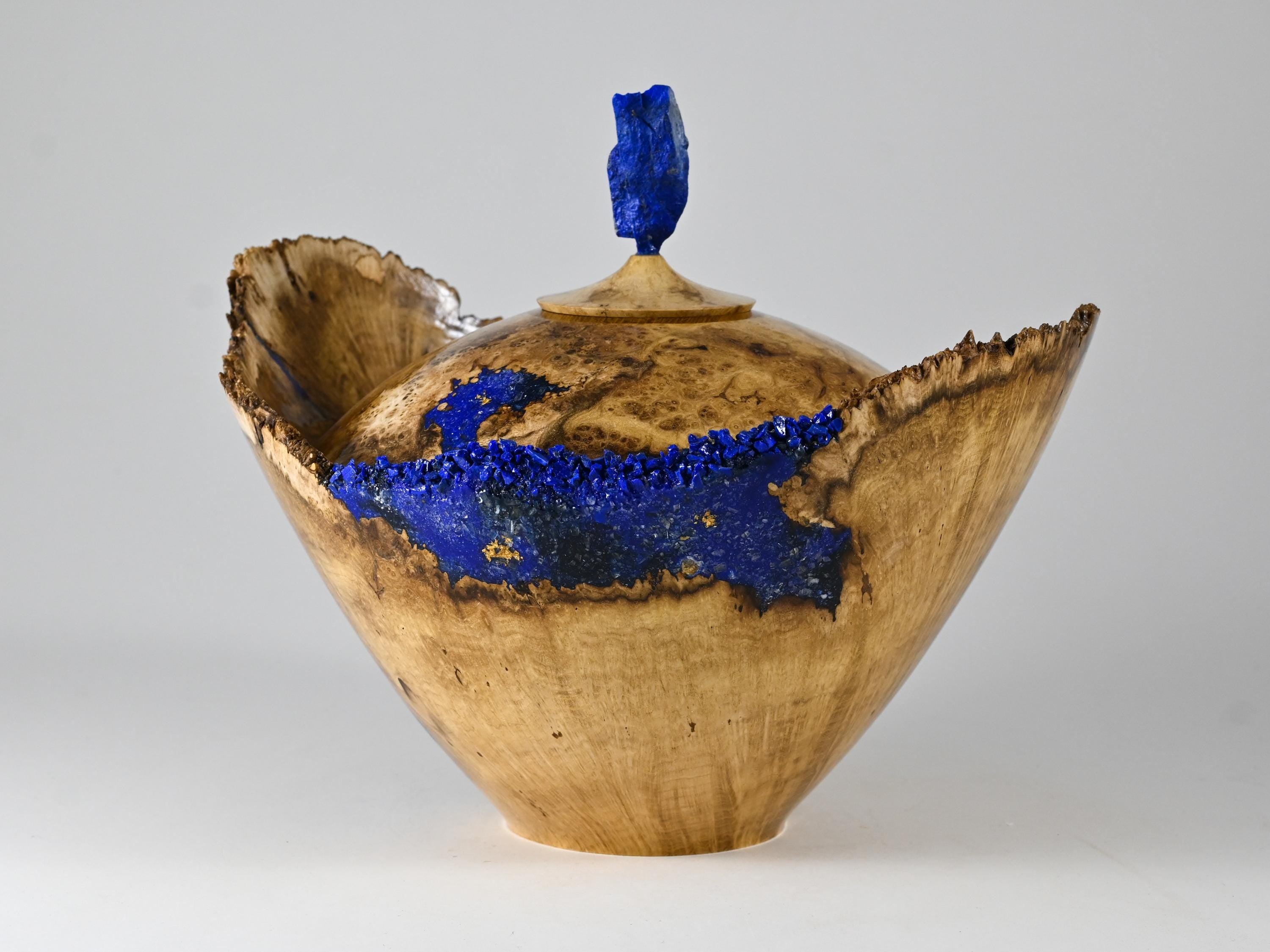Handmade Black Locust Burl Urn: Lapis Lazuli lid, Blue Minerals & Gold Inlay (215 c.i.)