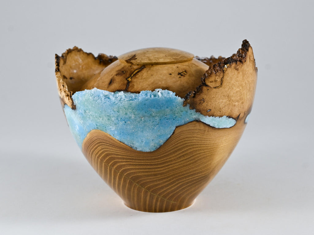 Handmade Black Locust Burl Wood Urn, light blue mineral and gold inlay (90 c.i.)