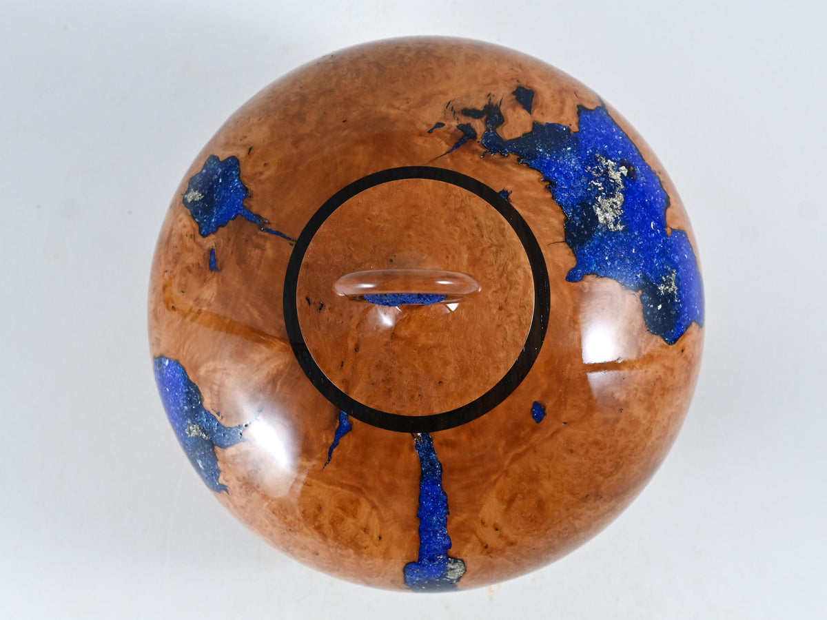 Small Handmade Briar Burl Wood Urn: Blue Mineral & gold Inlay, Azurite lid (75 c.i.)