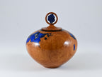 Small Handmade Briar Burl Wood Urn: Blue Mineral & gold Inlay, Azurite lid (75 c.i.)