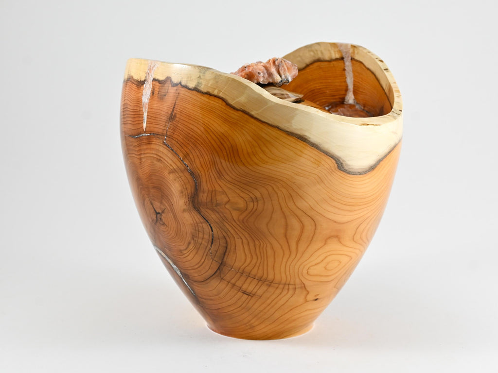 Handmade Yew wood urn, Calcite mineral inlay, Barite lid (230 c.i.)