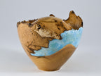 Handmade Black Locust Burl Wood Urn, light blue mineral and gold inlay (90 c.i.)