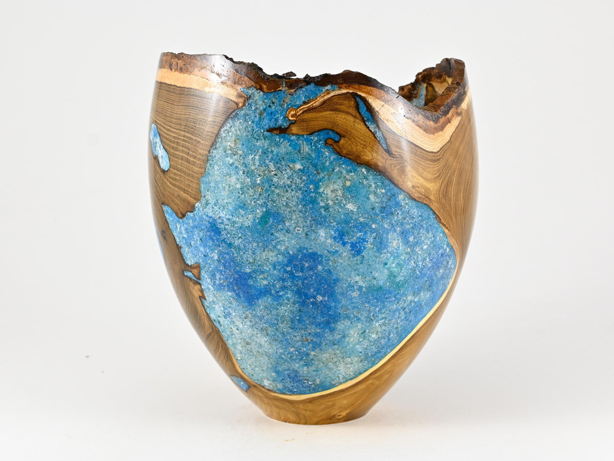 Handmade Laburnum Cremation Urn, Blue Mineral Inlay (270 c.i.)