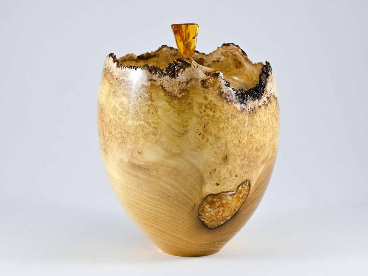 Handmade Black Locust Burl Wood Urn, Amber Inlay & Lid (210 c.i.)