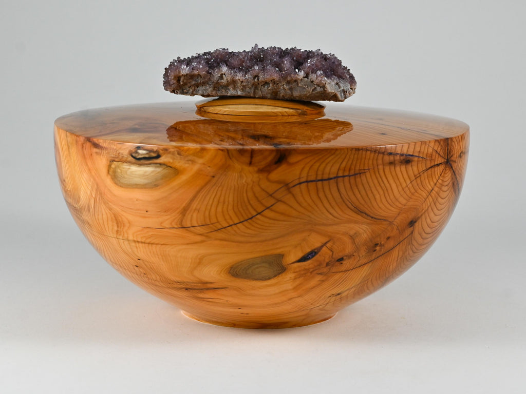 Handmade Yew wood urn, Purple mineral inlay, Amethyst lid (230 c.i.)