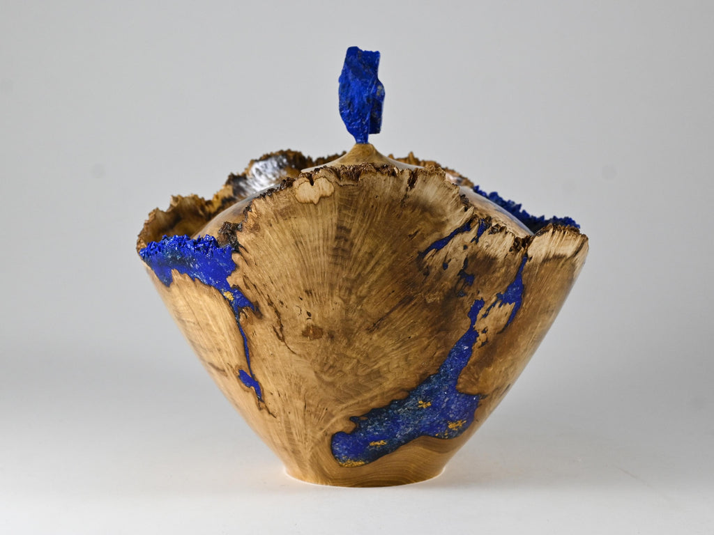 Handmade Black Locust Burl Urn: Lapis Lazuli lid, Blue Minerals & Gold Inlay (215 c.i.)