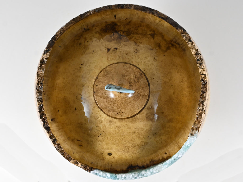 Handmade Black Locust Burl Urn: Larimar lid, mineral Inlay (215 c.i.)