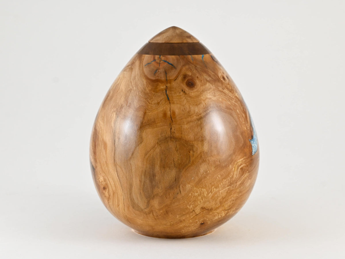 Handmade Siccamore Wood Urn, Light Blue Mineral Inlay (200 c.i.)