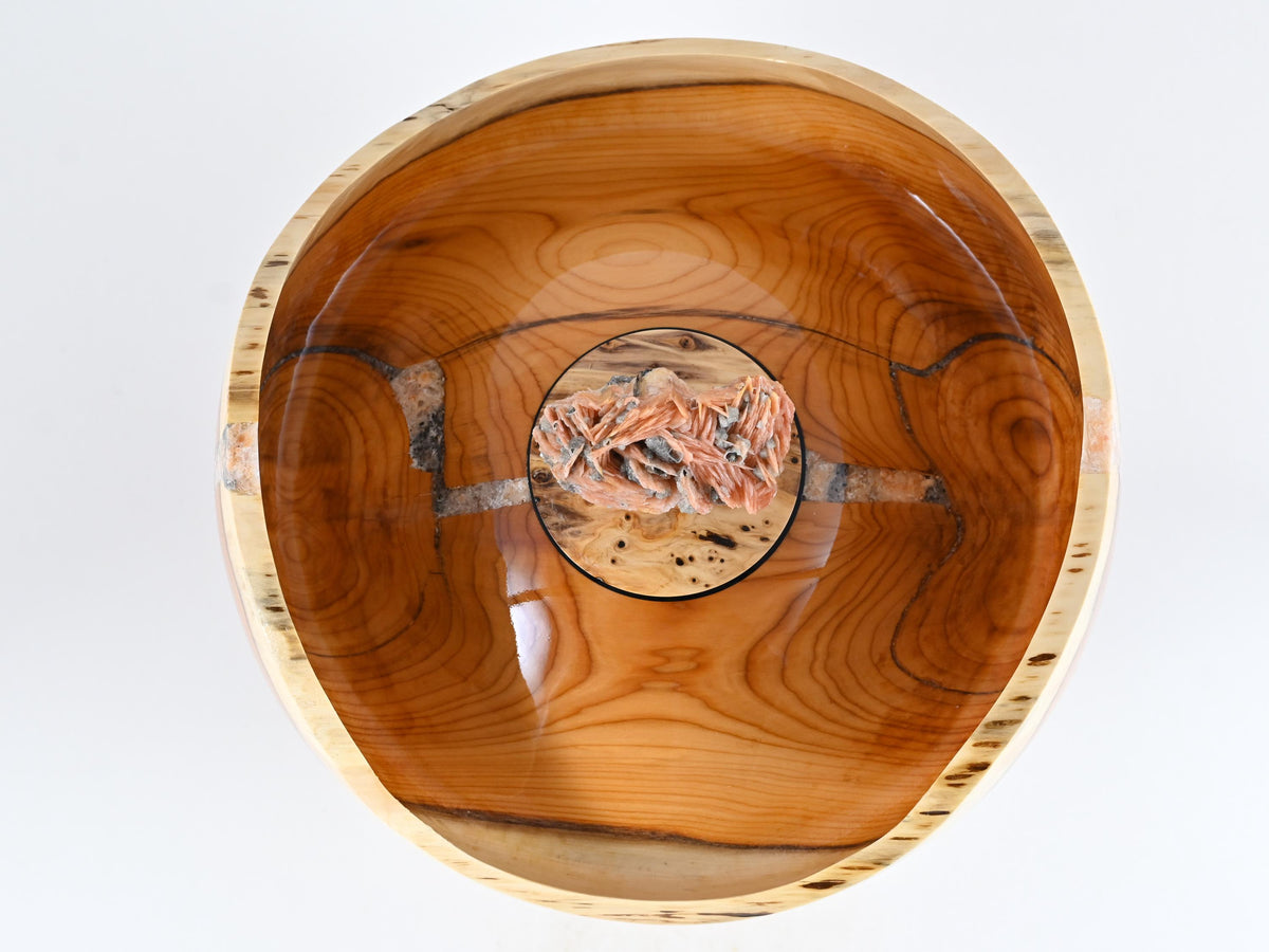 Handmade Yew wood urn, Calcite mineral inlay, Barite lid (230 c.i.)
